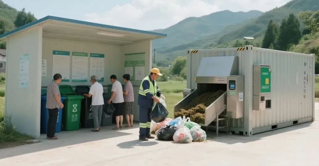 村落垃圾分类站点，环卫工人在分拣垃圾，居民在投放垃圾。旁边还有一个自动进出料的堆肥发酵设备，集装箱式的样子。.jpeg